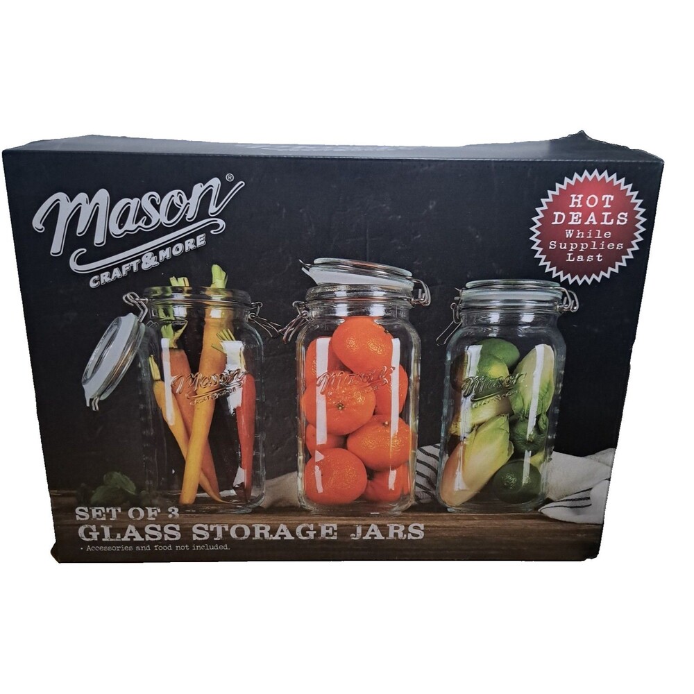 BRAND NEW Mason Craft & More 3 Pc Glass Storage Clamp Jars